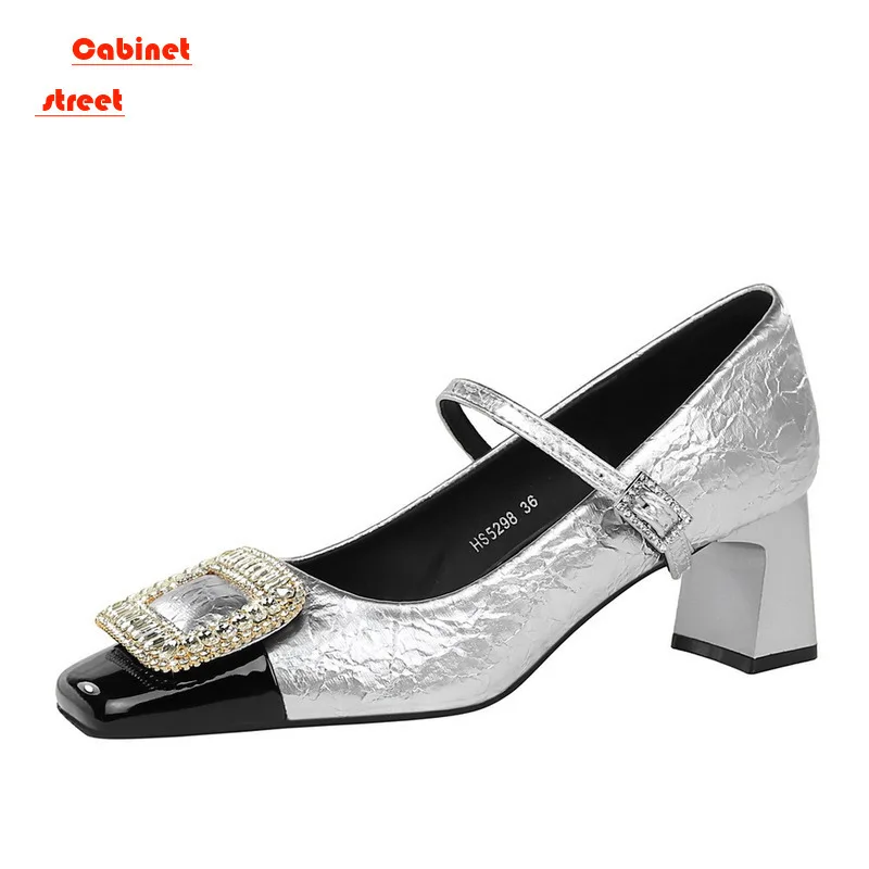 

Meotina Women Pumps Genuine Leather Glove Shoes Square Toe Flats Crystal Lady Fashion Casual Shoes Spring Autumn Silver Black