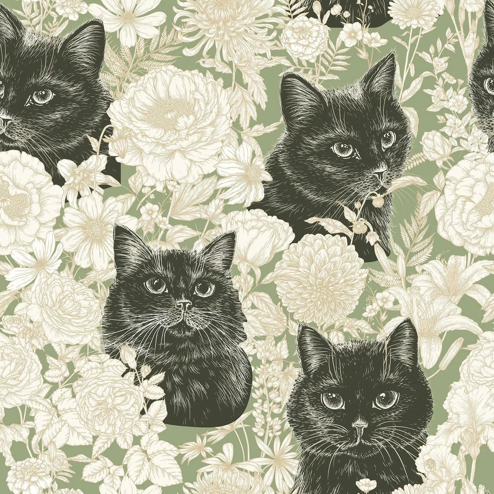 Vintage Black Cat Floral Peel and Stick Wallpaper Self Adhesive Removable Contact Paper Wall Sticker for Bedroom Home Decor