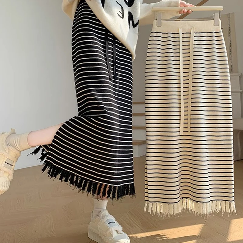 

Autumn Winter Maternity Clothes Set Tassel Hem Drawstring Waist Pregnant Woman Knitted Skirt Side Split Pregnancy A-line Skirt