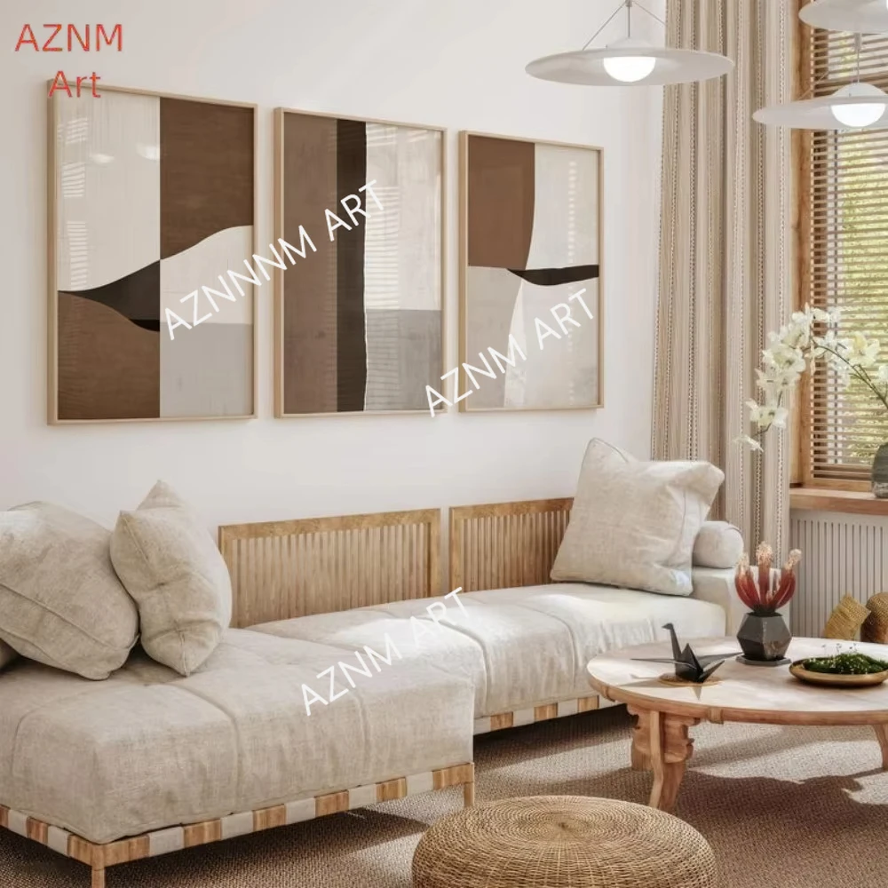 1/3-teiliges minimalistisches Wandkunst-Set in Braun und Beige, abstrakte Kunstwerke, moderne digitale Druckherstellung aus der Mitte des Jahrhunderts, Heimdekoration