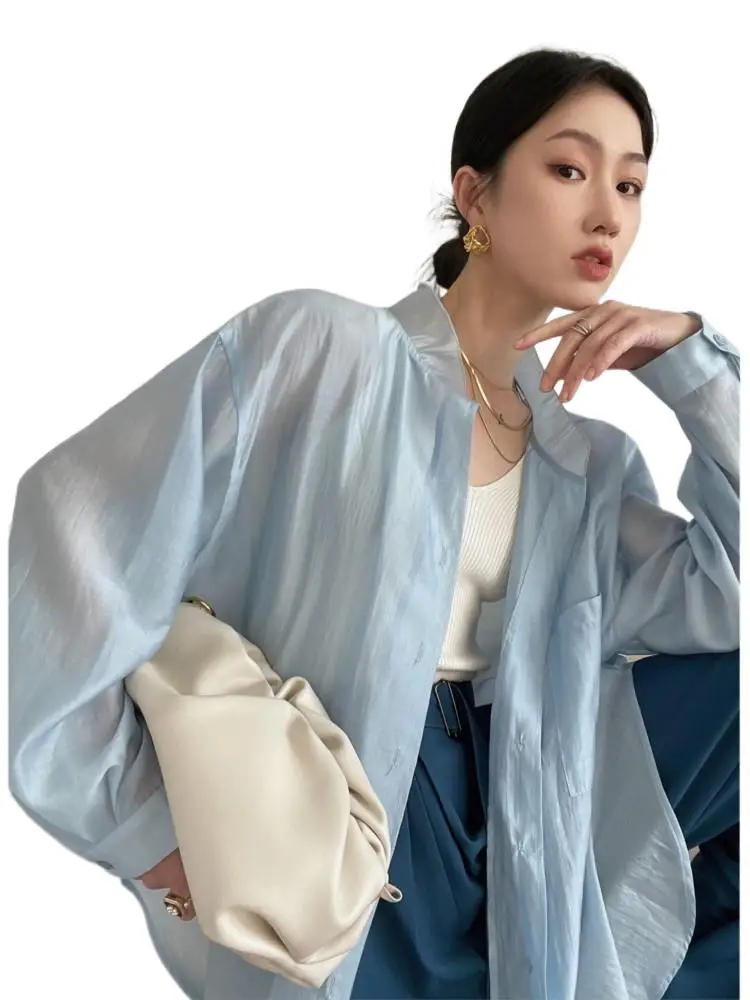 

2023 Summer Rayon Standing Collar Thin Breathable Women Long Sleeve Shirt Fashion Casual Vintage Blouse Female Loose Overshirt