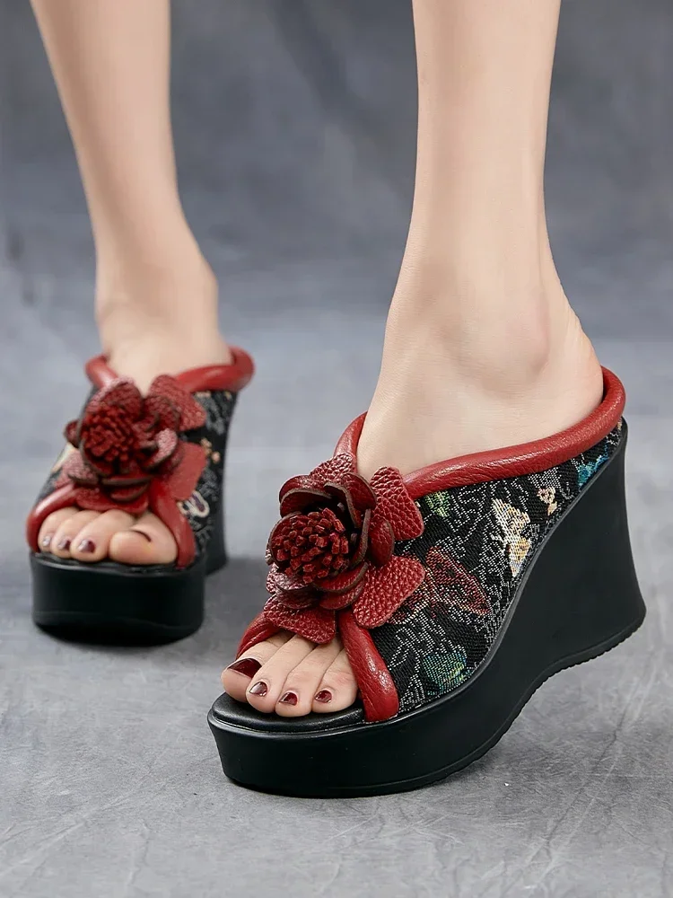 

Birkuir/женские шлепанцы на толстом каблуке с цветочным узором, шлепанцы на танкетке 9 см, женские уличные тапочки на высоком каблуке с цветочным принтом, разноцветные тапочки