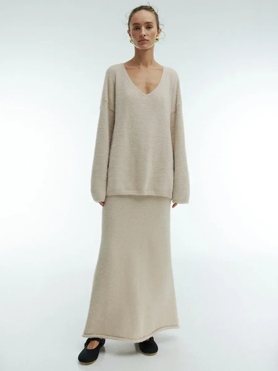 Women Knitted V-neck Sweater+Skirt Sets  Autumn Winter Thick Casual Sweater Warm Fashion Skirt Pullover 2 Pieces Sets