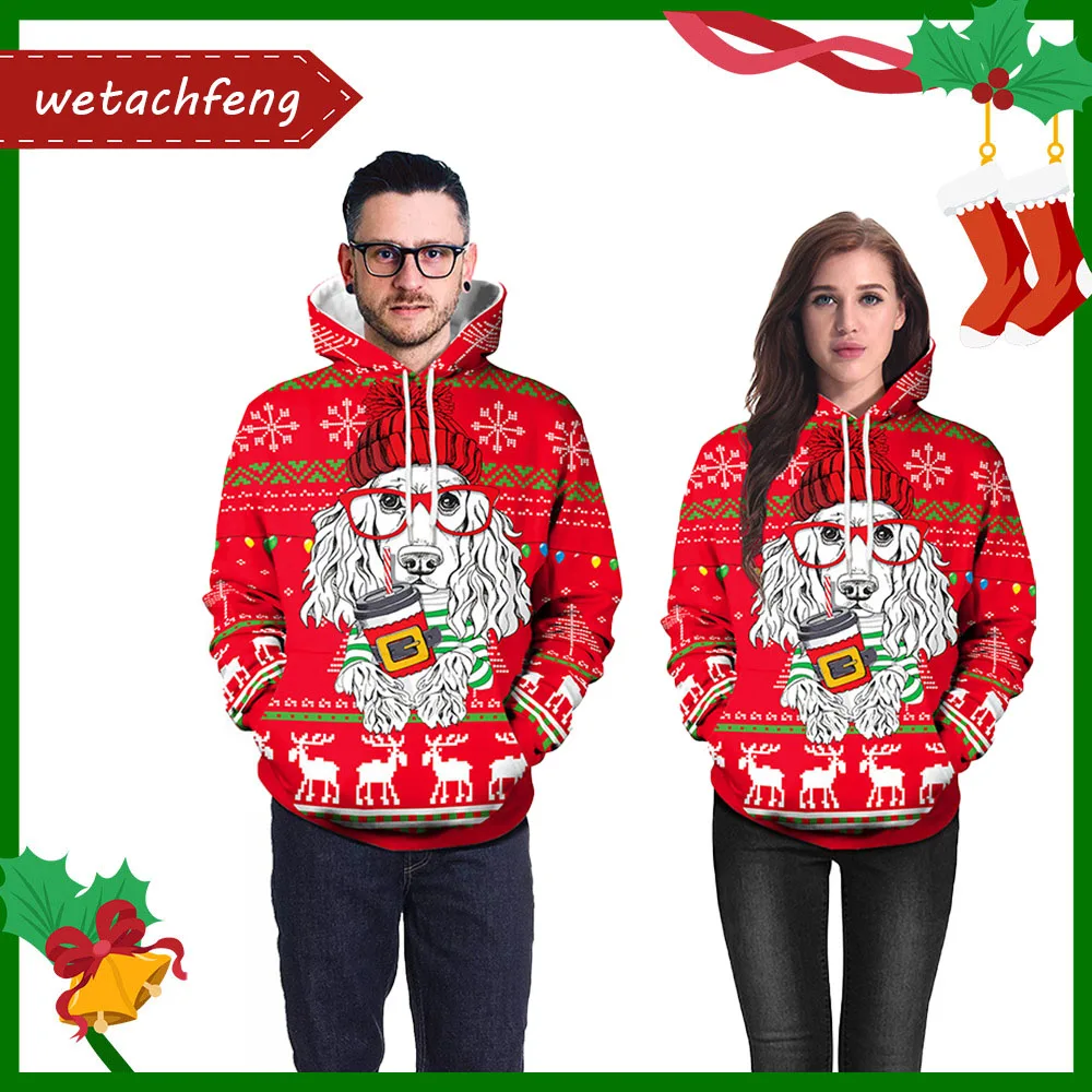 

Happy New Year Merry Christmas Ugly Sweater Men Women Red Funny Cute Reindeer 3D Christmas Jumper Xmas Clothing Hooded Pullovers