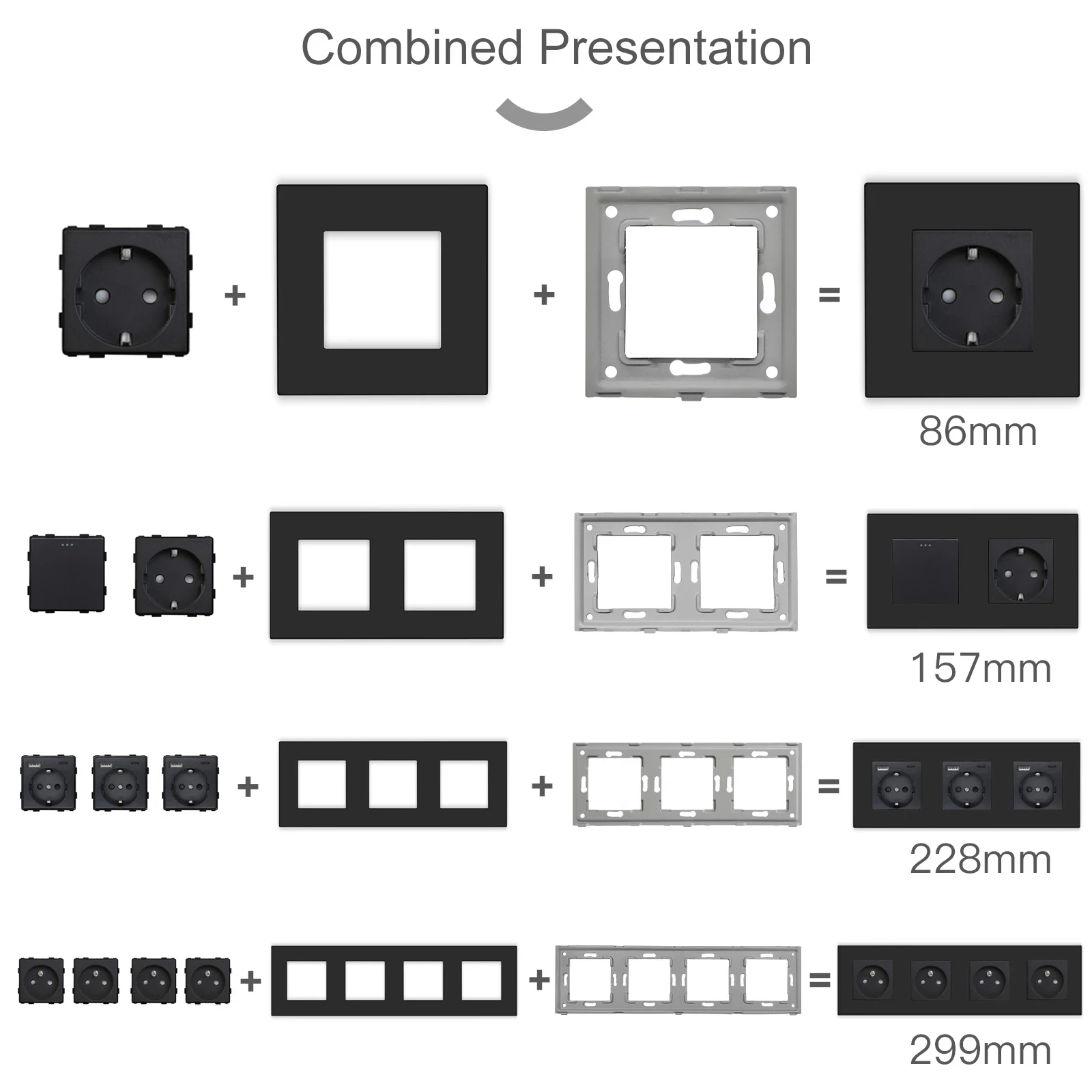 BSEED EU/FR Wall Power Socket USB Plug 1/2/3Gang Mechanical Switches Function Parts Matte Plastic Frames Free Combination Black