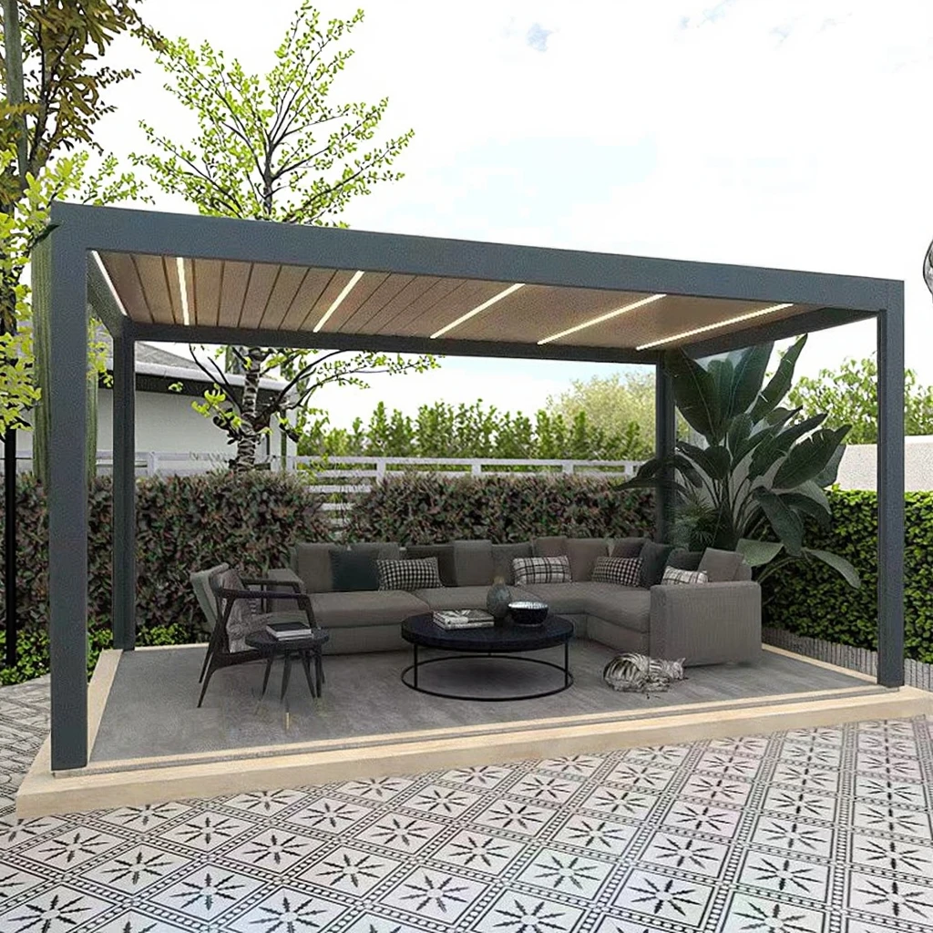 

Скандинавская всепогодная беседка с жесткой крышей из алюминия, моторизованная, усиленная металлическая крыша, защита от любых погодных условий