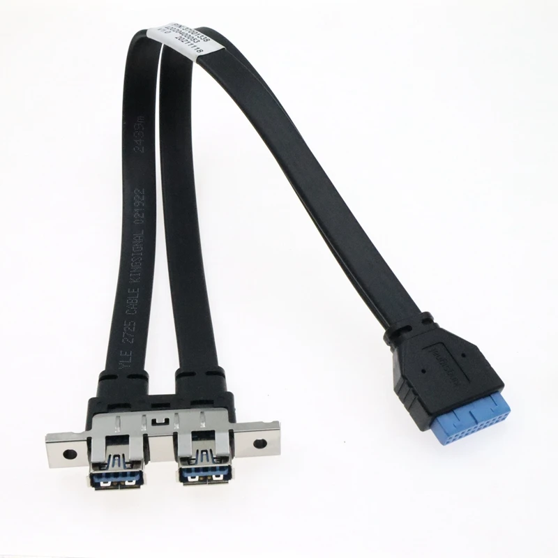 0.3m 5Gbps USB 3.0 20pin Female to Double USB 3.0 2 Port to 19pin Female Flat Wire With Panel Mounting Holes