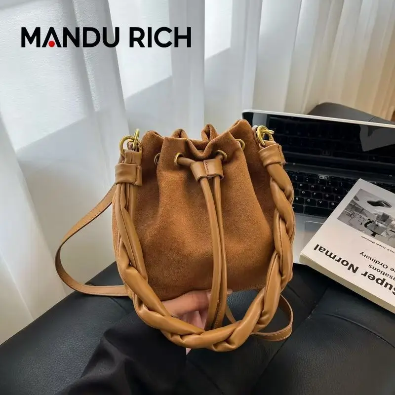 2025 nowa skóra jelenia aksamitna wzór w cętki małe opakowanie nowa moda jesienno-zimowa torebka torba wiadro ze sznurkiem Retro torba typu cross-body — zdjęcie 7