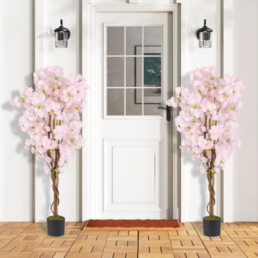 Indoor home office porch decoration: pink faux cherry blossom tree, 5FT tall artificial floral plant in nursery pot, silk petal