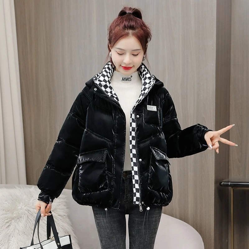 

Новинка 2025 года, зимняя женская короткая куртка-пуховик, массивное клетчатое глянцевое свободное пальто с хлопковой подкладкой, плотное теплое уличное пальто