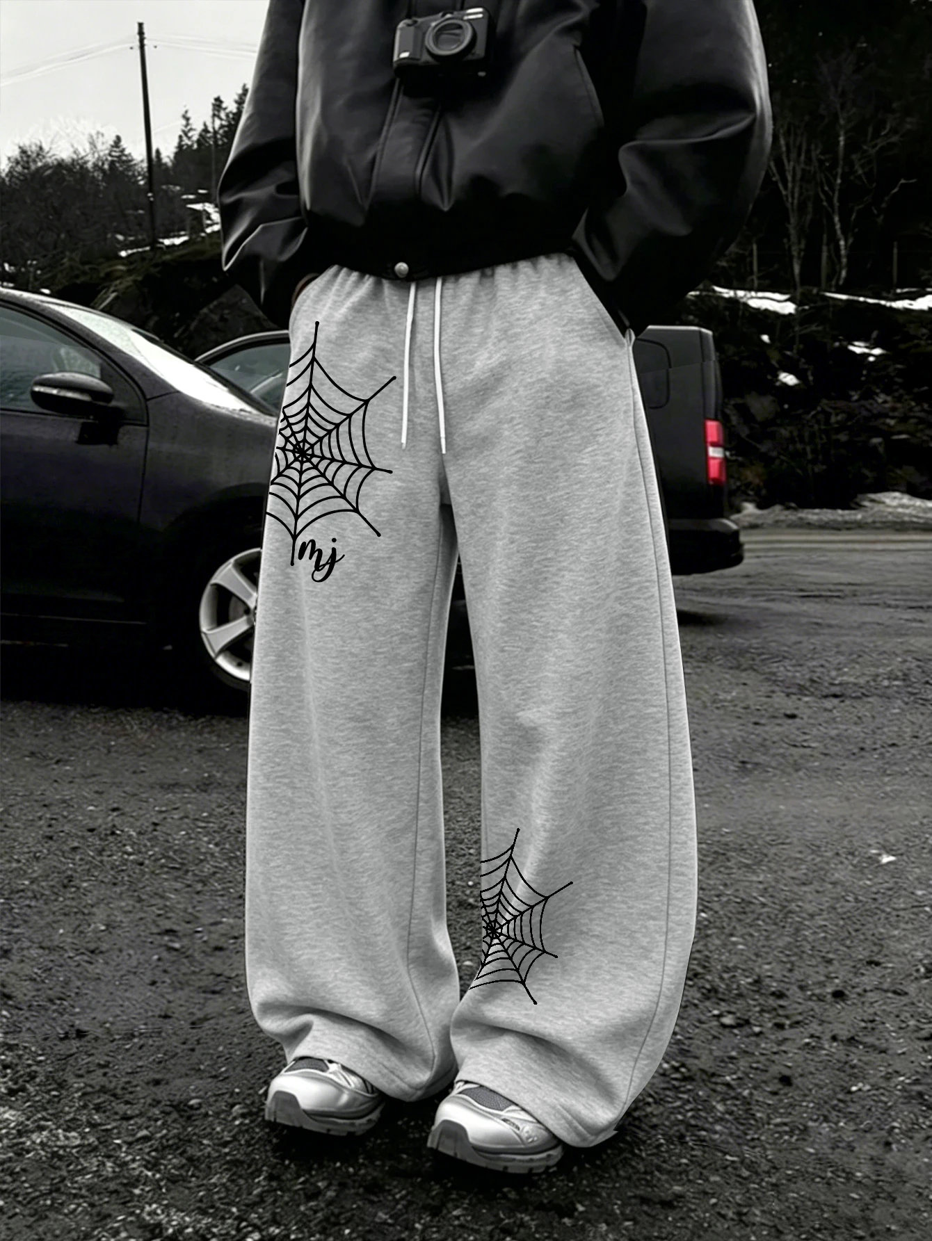 Men Y2K Dark Streetwear Baggy Sweatpants, Asymmetric Large & Small White Spider Web with MJ Cursive Letter Print Drawstring Wide