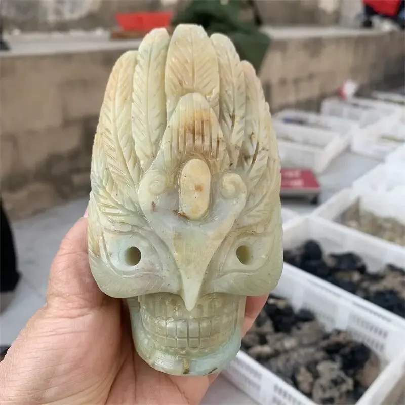 Natural Amazonite Mask Skull Carving Crystal Polished Quartz Healing Gemstone For Home DIY Decoration 1PCS