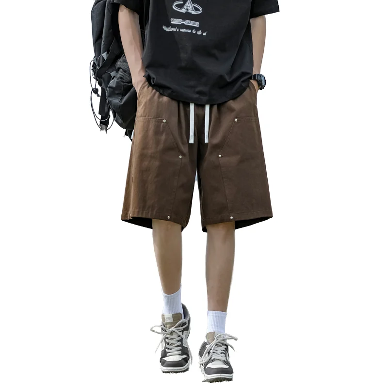 

New Men's Premium Shorts Summer Loose Breathable Solid Rivet Design 100% Cotton 5-Point Pants Streetwear Daily Commute Casual