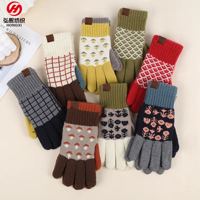 Self-Heating Knit Gloves Women Winter Warm Dralon Thermal Gloves Cute Floral Pattern Thick Cold Weather Gloves