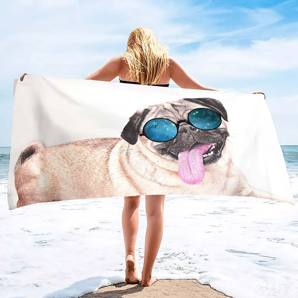 Microfiber Sand Free Beach Towel Thin Quick Fast Dry Super Absorbent Oversized Large Lightweight Towels for Beach Pool Pug Dog