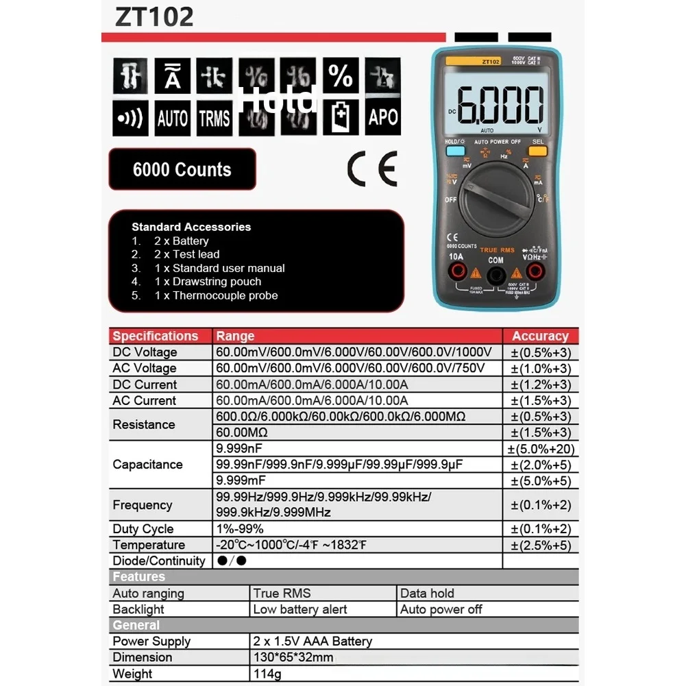 ZT102 Smart Digital Multimeter True RMS 6000 Counts Auto Range with LCD Display Data Hold and Temperature Measurement