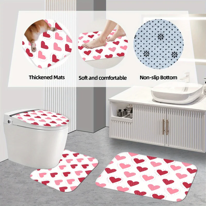 Valentine's Day Love Heart 4pcs Shower Curtain Set with Hooks - Waterproof, Non-Slip Bathroom Rug, U-Shape Toilet Mat & Lid Cove