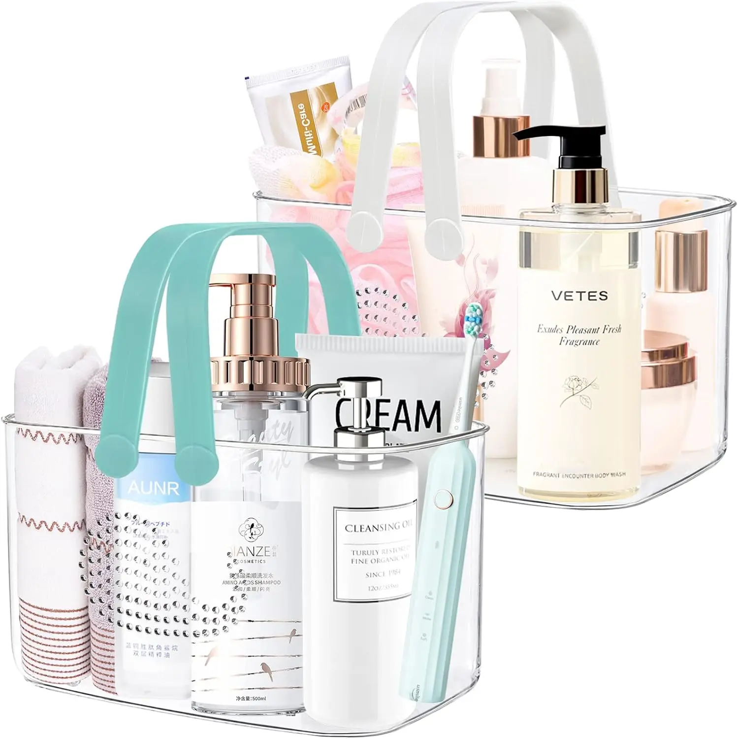 

Набор из 2 пластиковых корзин для душа, портативные органайзеры с ручками, прозрачные контейнеры для ванной, кухни, общежития