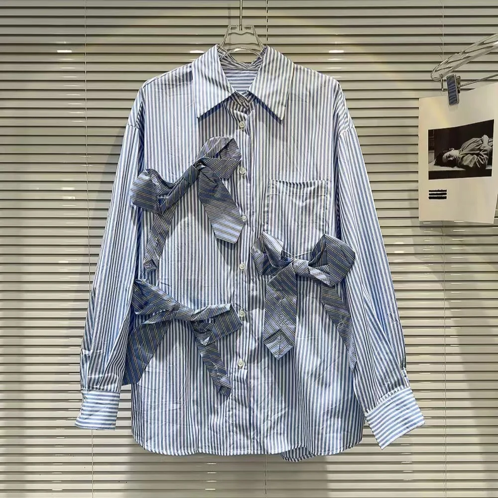 Luxury Style Big Bow Stitch Mid-length Stripe Blouses Shirts Women 2024 Autumn New In Long Sleeve Shirt Loose Casual Top Blusas