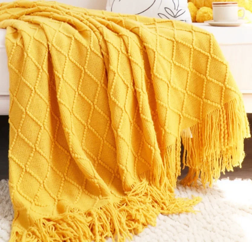 Mustard Gift Throw Blanket with Fringe Geometric Bed Gold Yellow Throws Breathable Large Throw for Couch Sofa Indoor Outdoor