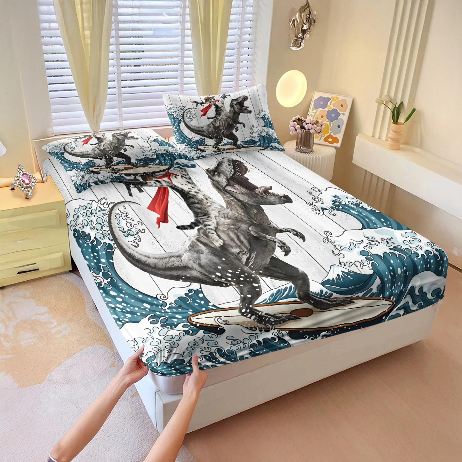 Cool Cat Ride T‑Rex Surfing Fitted Sheet Set Funny Novelty Retro Ocean Wave Print Elastic Deep Pocket Bed Sheet with Pillowcases