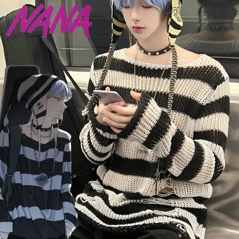 Anime NANA Okazaki Shinichi Cosplay Kostüm Unisex Şerit Örme Kazak Sonbahar Yırtık Düzensiz Kazak Üst parti giysileri