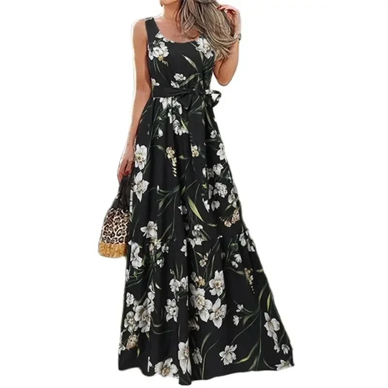 Summer Sweet Style Print Sleeveless Dresses Women High Waist Lace-up O Neck Pullover Dress Casual Female Frock Pleated Hem Gown