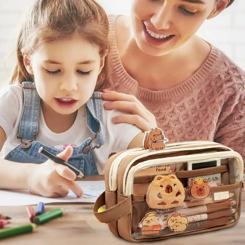 Imagem -06 - Capybara Limpar Pencil Case Grande Capacidade Bolsa Multi-layer Bonito Workplace Pen Case