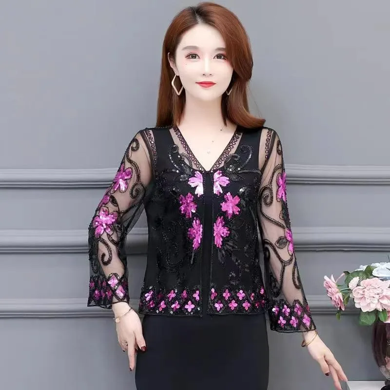 

2025 New Mesh Embroidery Fashion Sequins Short Cardigan Women's Summer Light Thin French Style Cropped Women's Top