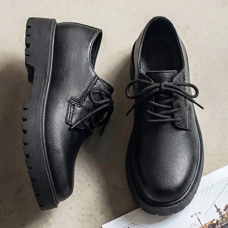 Men Matte Leather Platform Derby Shoes Lace‑Up Thick Sole Casual Business Dress Shoes Male Daily Street Footwear