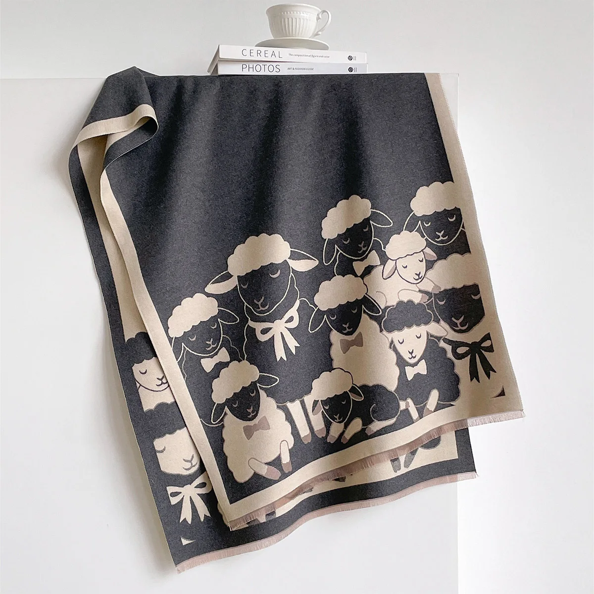 Double Sided Jacquard Faux Cashmere Blanket Scarf Bufanda Chal Cartoon Sheep Pattern Tassel Women Winter Warm Large Shawl Wrap