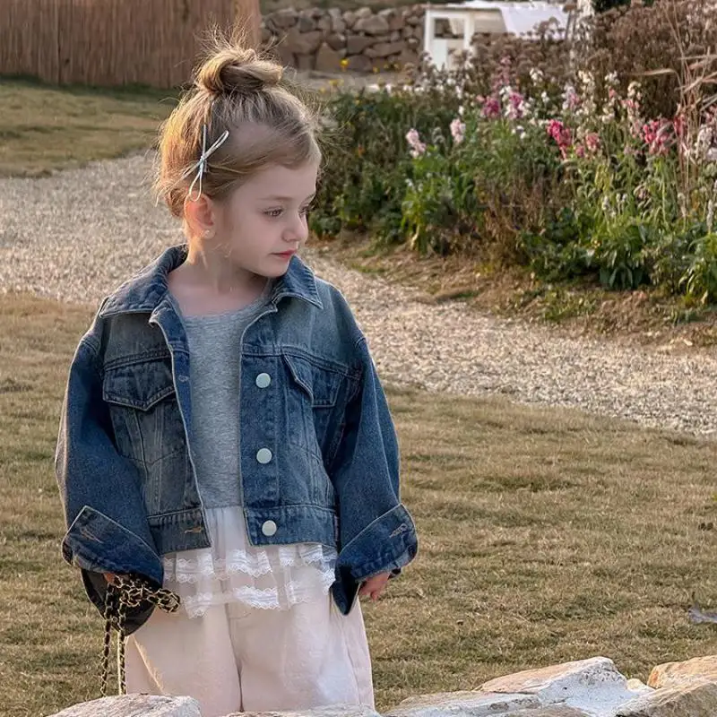 

2025 Spring New Children Distress Denim Coat Long Sleeve Boys Loose Casual Lapel Jacket Kids Girls Solid Vintage Cardigan Coat