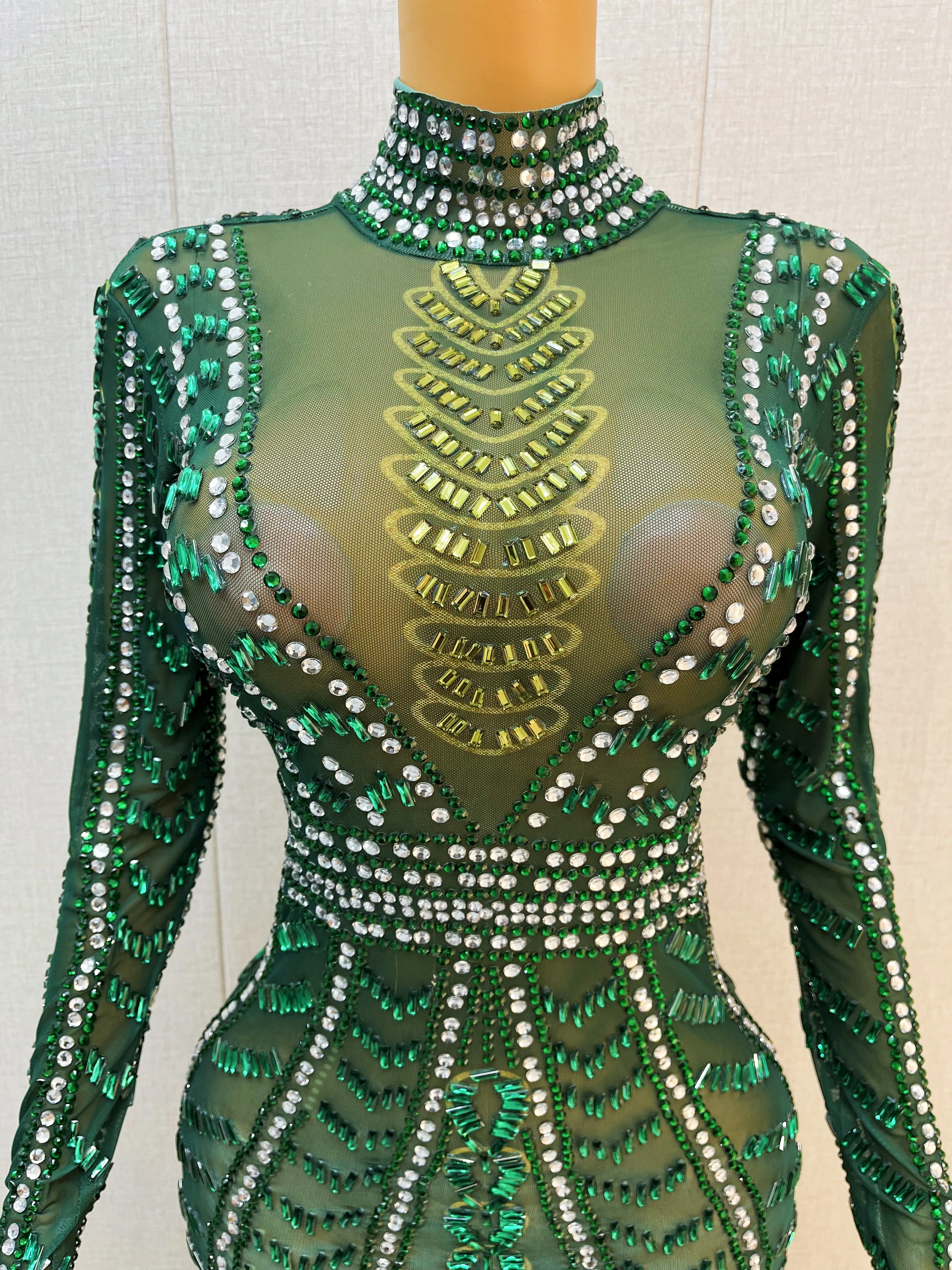 Green Rhinestones Long Sleeves Dress Sexy Transparent Stretch Crystals Outfit Nightclub Birthday Dance Party Collections qingguo