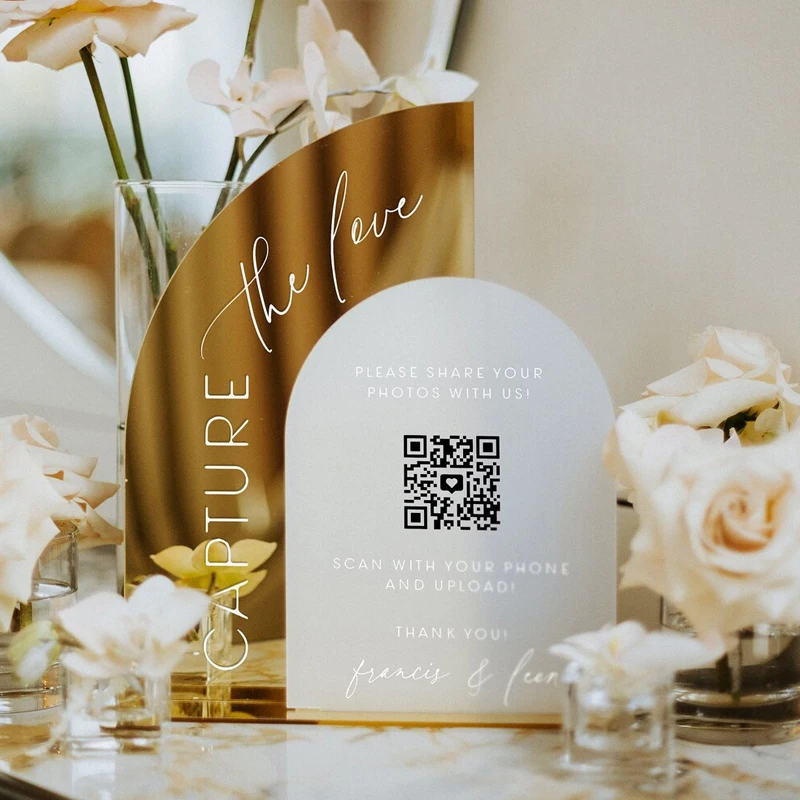 1pc Wedding QR Code Sign,QR Code Photos Sign,Gold Mirror Wedding Sign,Capture The Love QR Sign,Reception Table Sign,Table Decor