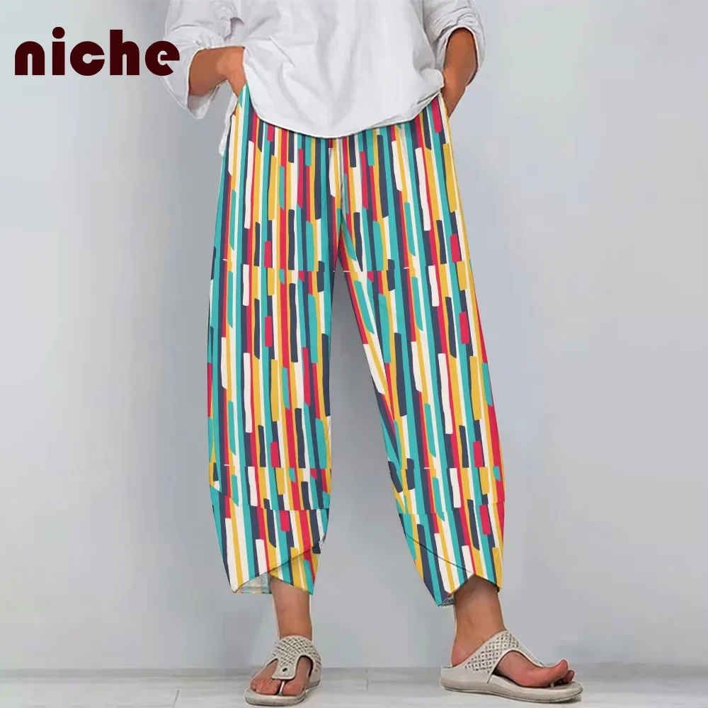 

Color Block Graphic Print Women's Beach Pants Trend High Quality Bamboo Linen Fabric Wide Leg Nine-Point Pants