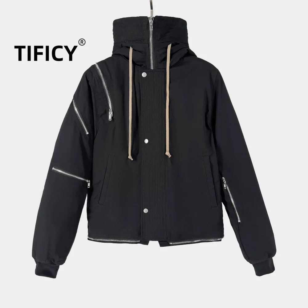 

High Street RO темно-черные куртки зимняя теплая мужская куртка с капюшоном новый темный стиль короткая куртка на молнии женская одежда