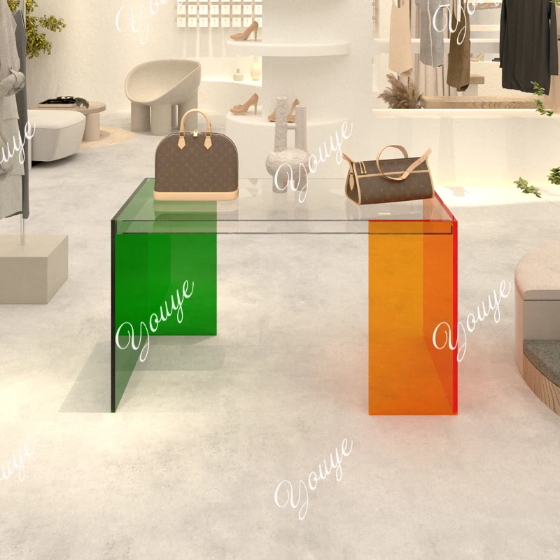 Clothing store acrylic display table, shoe and bag display rack, high and low storage table in the middle of the store