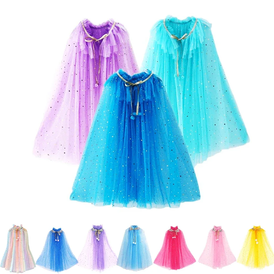 Girl Princess Party Accessories Cloak Elsa Costume Cape Rapunzel Aurora Sequins Tulle Halloween Mantle