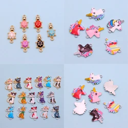 10pcs Mixed Color Animal Double Hole Enamel Connector DIY Unicorn Cat Turtle Accessories Couple Necklace Bracelet Alloy Pendant