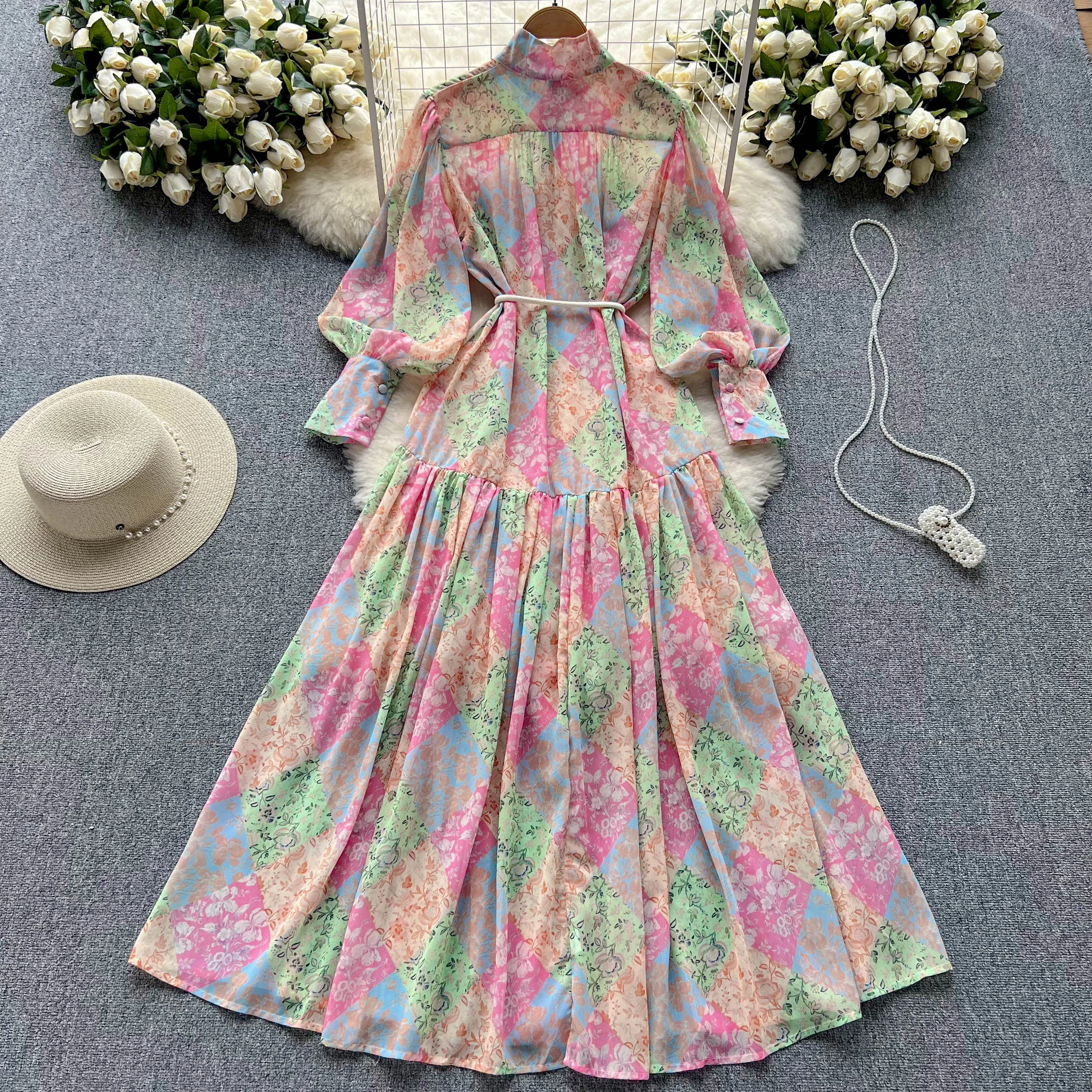 Retro Elegant Pleated Lace Up Stand Collar Chiffon Dress A-line Lantern Sleeve Casual High Waist Dress Women Spring Autumn Dress