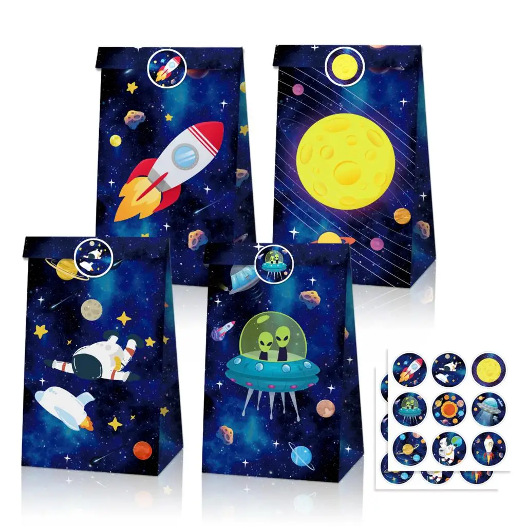 8Pcs Space Gift Bags With Stickers Rocket Planet Blue Candy Bags For Boy Astronaut Birthday Party Decoration Baby Shower Favors