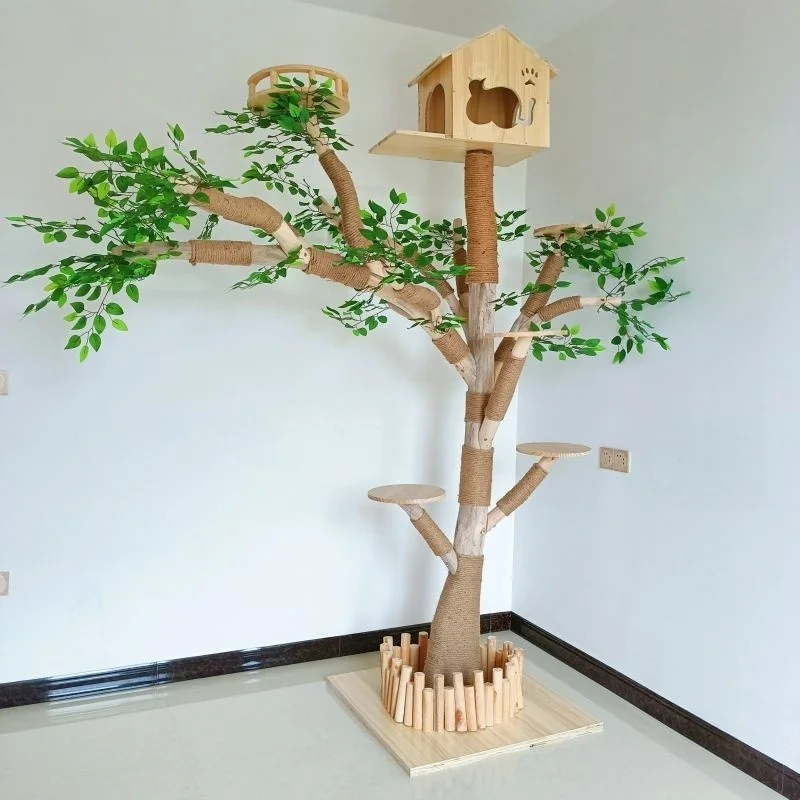 Large Solid Wood Cat Tree Handmade Stand Natural Wood Luxury Cat Tower Play Decor Living Room Gift