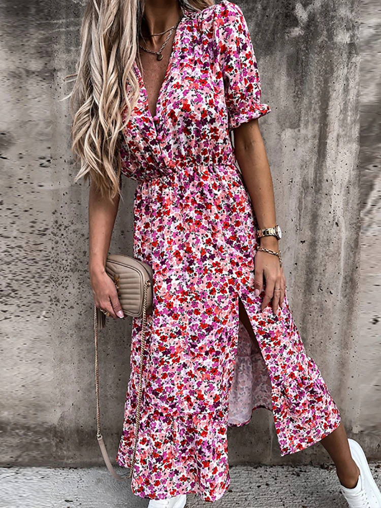 Women Floral Print V Neck Side Slit Party Dress Spring Autumn Long Sleeve Elegant Ladies Sexy Elastic Waist Slim Dress Vestidos