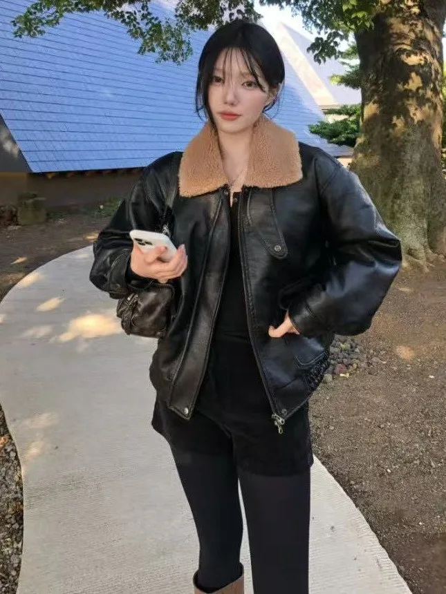 

Retro Contrast Color Design Warmth Motorcycle PU Leather Jaet Women's Winter Aosphere Sensation Clothing Outerwear