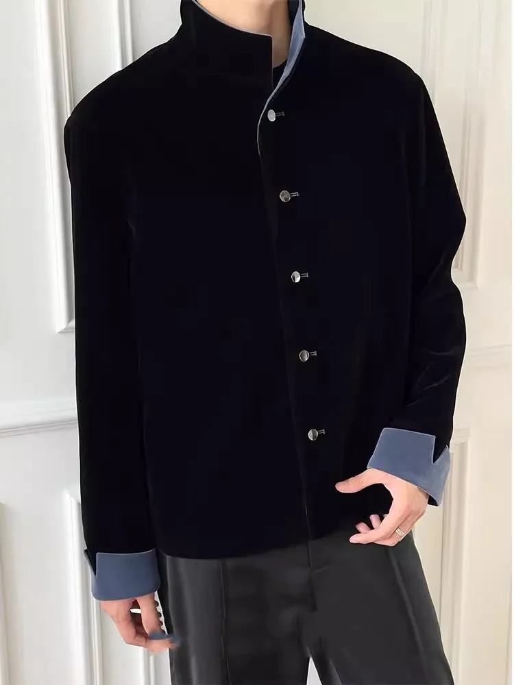 

New Chinese Sle Faionable Velvet irt Men's Loose Contrast Color Stand Collar Long Sve Warm Outerwear Polyester Fiber
