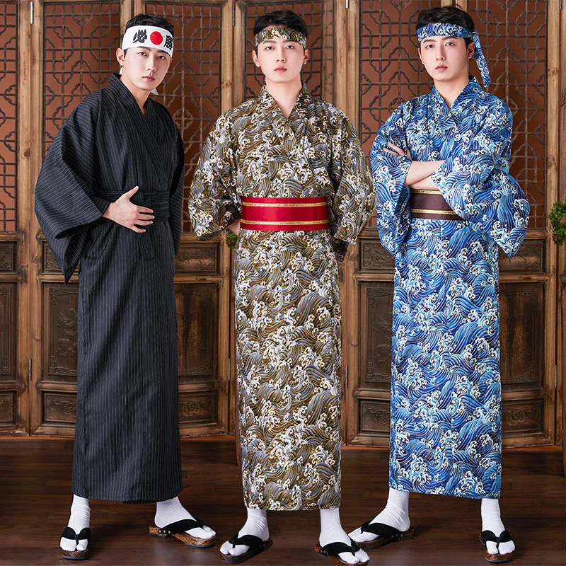 

Japanese Traditional Long Kimono Yukata Dress Men Ukiyos Wave Haori Robes Pajamas Set Homewear Pyjamas Samurai Cosplay Costume