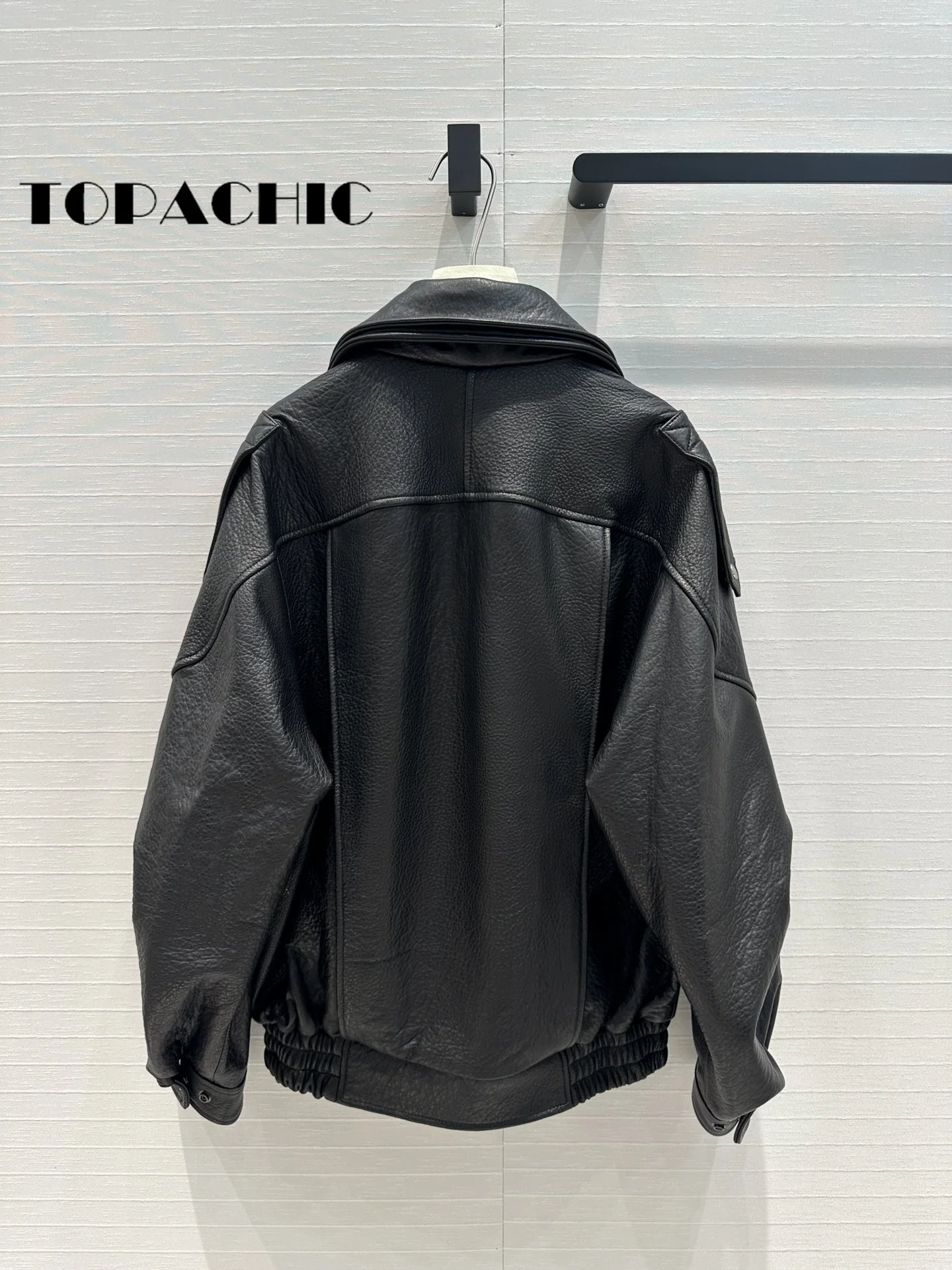 8.14 TOPACHIC-Women Classic Moto Biker Double Lapel Sheepskin Jacket Hem Sashes Elastic Collect Waist Zipper Long Sleeve Coat