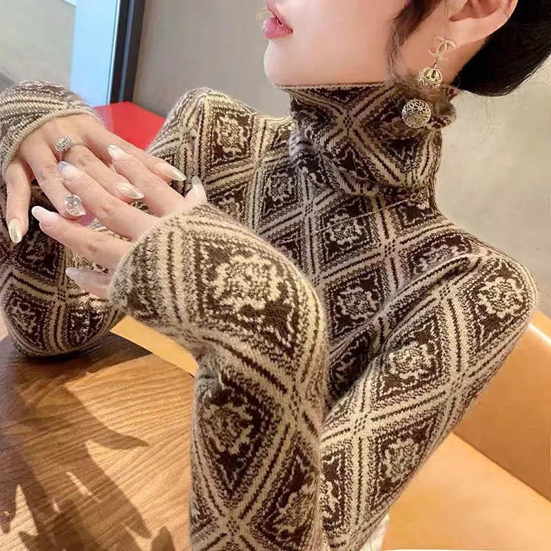 Odzież damska Moda Turtleneck Argyle Knit Pullovers Jesień Zima Eleganckie Szykowne Swetry z Długim Rękawem Office Lady Y2K Top