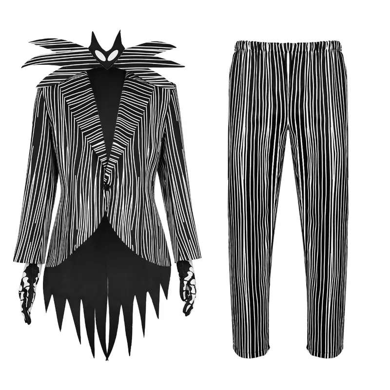 ZA01 Movie Nightmare Jack Cosplay Costume Christmas Horror Skelling Stripe Black Uniform Skeleton Outfit Halloween Carnival Za0@