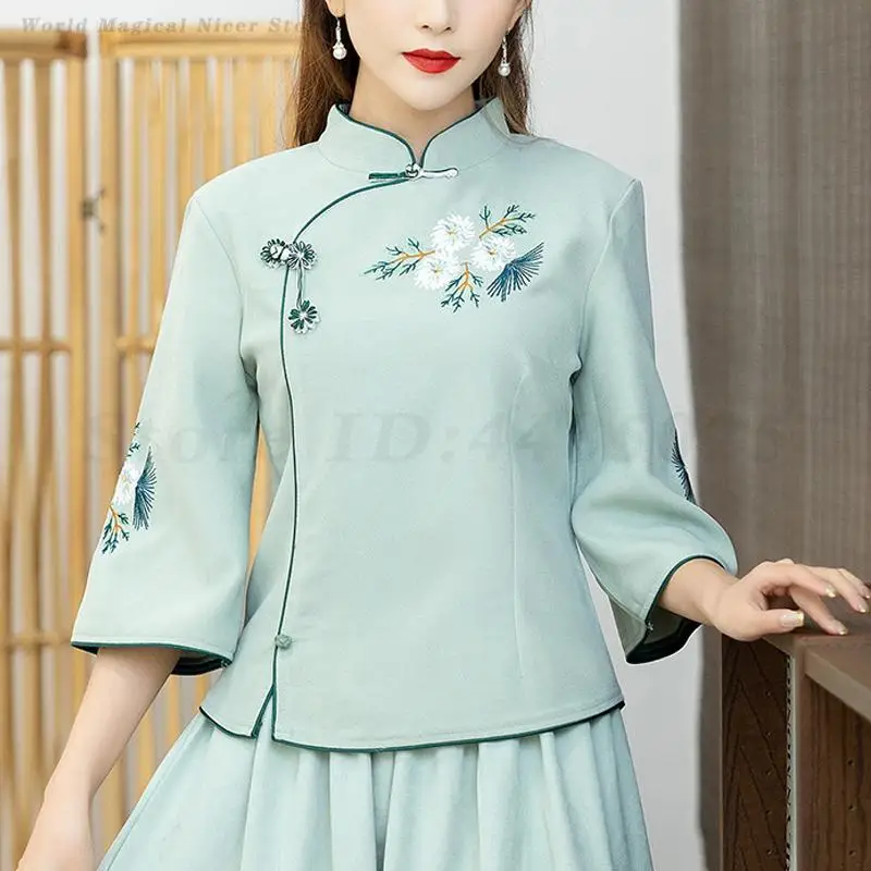 

Плюс размер 5XL, топ Cheongsam с вышивкой, женская элегантная улучшенная одежда Тан, костюм чайного художника, рубашки Ципао в китайском стиле Hanfu